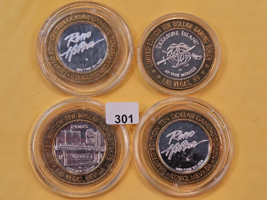 Four Limited Edition .999 Fine Silver GEM Proof Ten Dollar Casino Gaming Tokens
