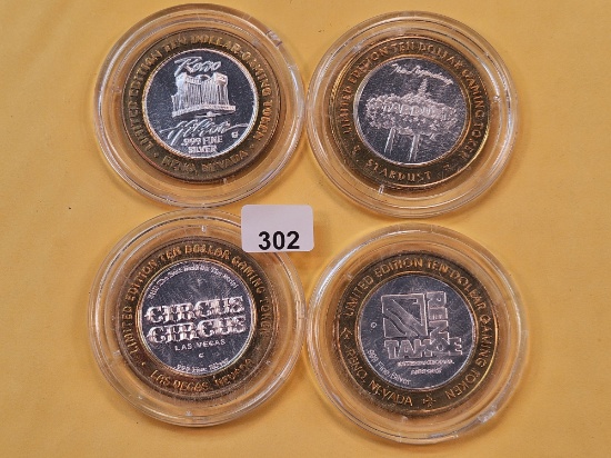 Four Limited Edition .999 Fine Silver GEM Proof Ten Dollar Casino Gaming Tokens