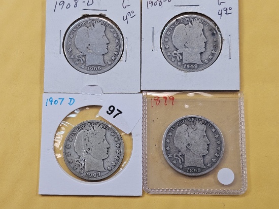 Four Circulated Barber Silver Half Dollars