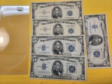 Five Circulated 5 Dollar Silver Certificates