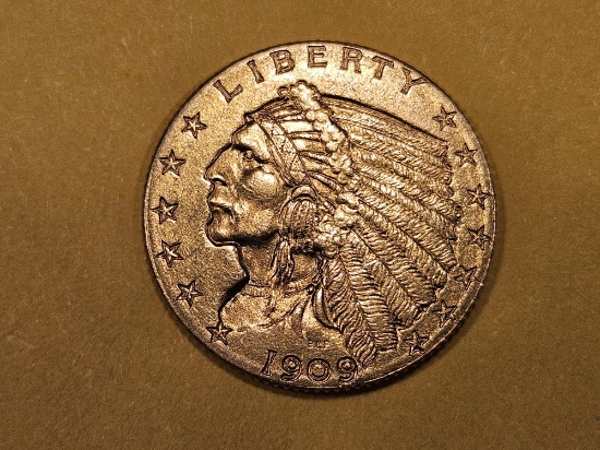 GOLD! Brilliant About Uncirculated 1909 Gold Indian $2.5 Dollars