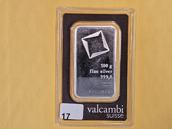 SILVER! Valcambi Suisse 100 Gram .999 fine silver bar