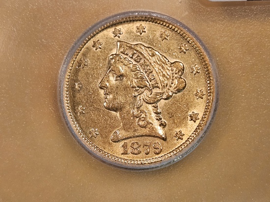 GOLD! ICG 1879 Liberty Head $2.5 Dollar Gold in About Uncirculated 55
