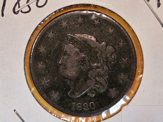 1830 Coronet Head Large cent in Very fine