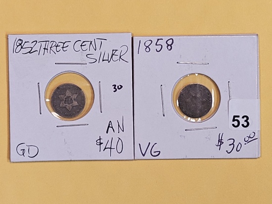1852 and 1858 Three cent Silver Trimes