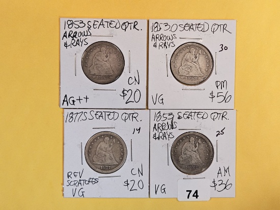 Four mixed Seated Liberty silver Quarters