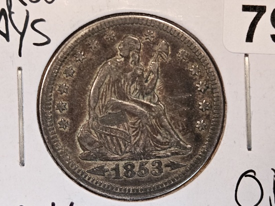 1853 Arrows and Rays Seated Liberty Quarter