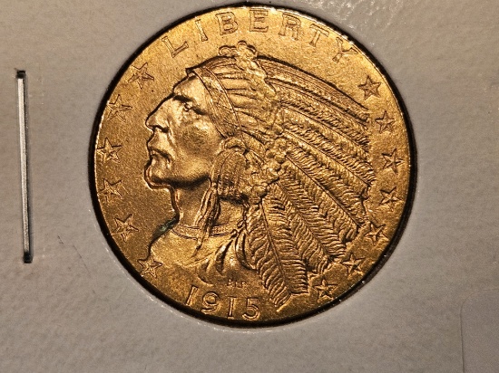 GOLD! 1915 Indian Head Gold Five Dollars in About Uncirculated Plus - details