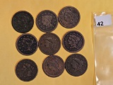 Nine mixed Large Cents