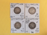 Four mixed Seated Liberty silver Quarters