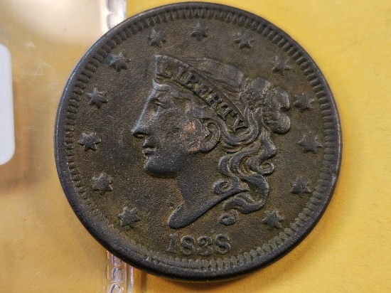 1838 Coronet Head Large Cent Beaded Cord