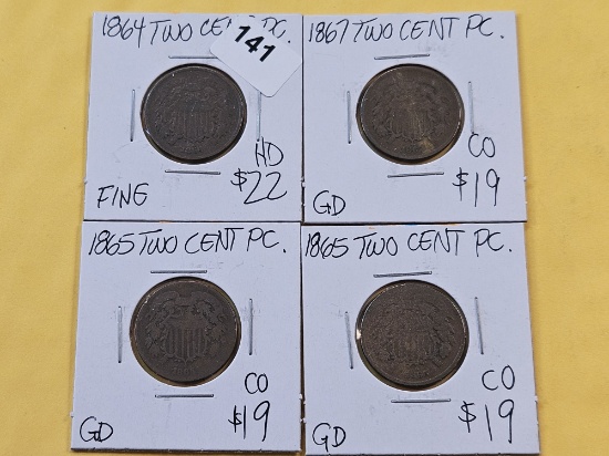 Four Circulated 2-Cent Pieces