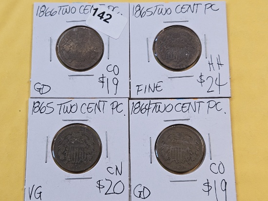 Four Circulated 2-Cent Pieces