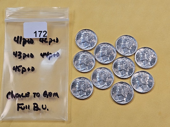 Ten Brilliant Uncirculated Mercury Silver Dimes