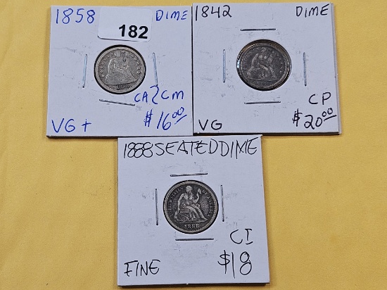 Three Circulated Seated Liberty Dimes