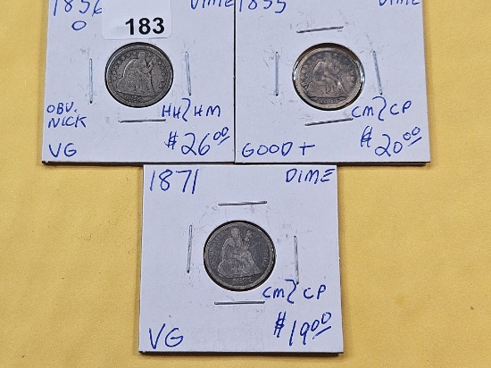 Three Circulated Seated Liberty Dimes