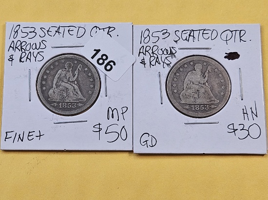 Two 1853 Arrows and Rays Seated Liberty Silver Quarters
