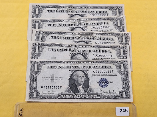 Five Consecutive Crisp Uncirculated Series 1935-D One Dollar Silver Certificates
