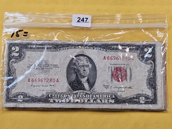 Fifteen Circulated Two Dollar Federal Reserve Notes