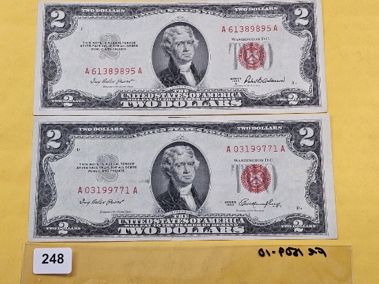 Two Series 1953-A $2 Dollar Federal Reserve Notes in Extra Fine