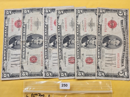 Six Five Dollar Red Seal United States Notes