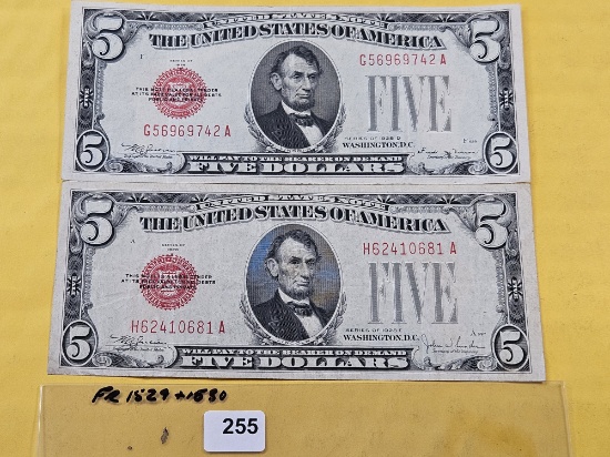 Two Series 1928-D and E Red Seal US Notes in Very Fine - Extra Fine