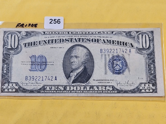 Series 1934-D Ten Dollar Blue Seal Silver Certificate in Extra Fine
