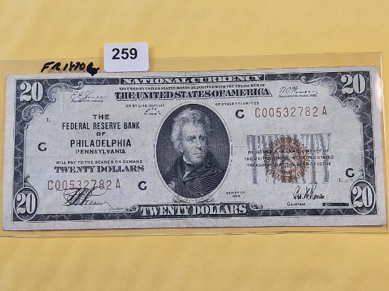 Series 1929 Brown Seal Twenty Dollar National Currency Note in Very Fine plus