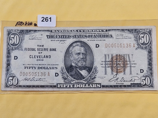 Series 1929 Brown Seal Fifty Dollar National Currency Note in Extra Fine plus.