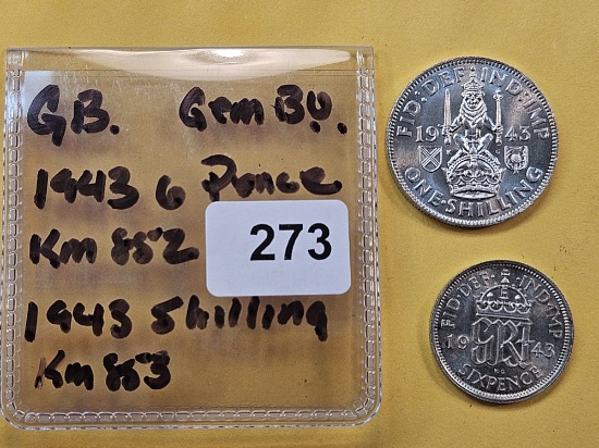 Great Britain 1943 Shilling and 1943 Six-Pence both in GEM Brilliant Uncirculated