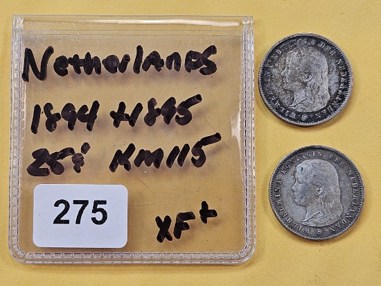 Netherlands 1894 and 1895 Twenty-five Cent Pieces in Extra Fine