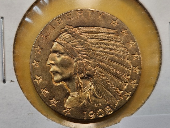 GOLD! Brilliant AU-BU 1908 Indian Head Five Dollar Gold