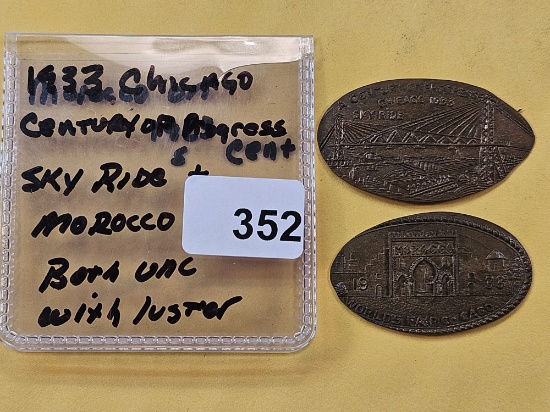 Two 1933 Chicago World's Fair Uncirculated Elongated Cents with Luster