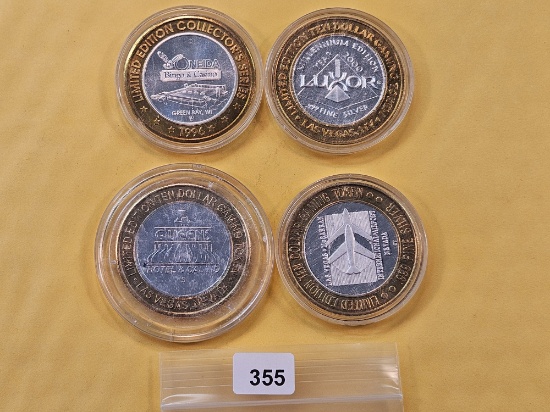 Four Mixed Ten Dollar .999 Fine Silver center Casino Gaming Tokens