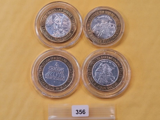 Four Mixed Ten Dollar .999 Fine Silver center Casino Gaming Tokens