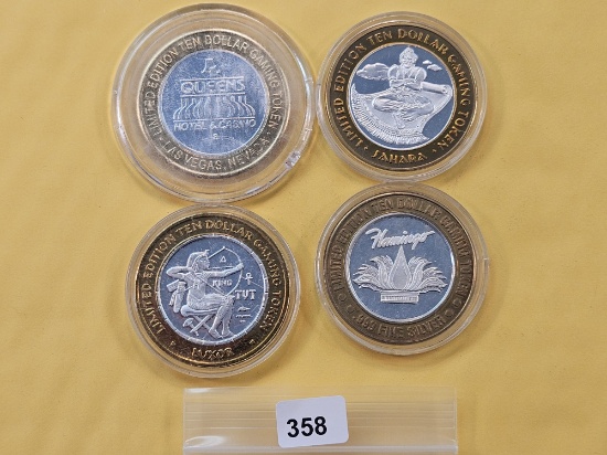 Four Mixed Ten Dollar .999 Fine Silver center Casino Gaming Tokens