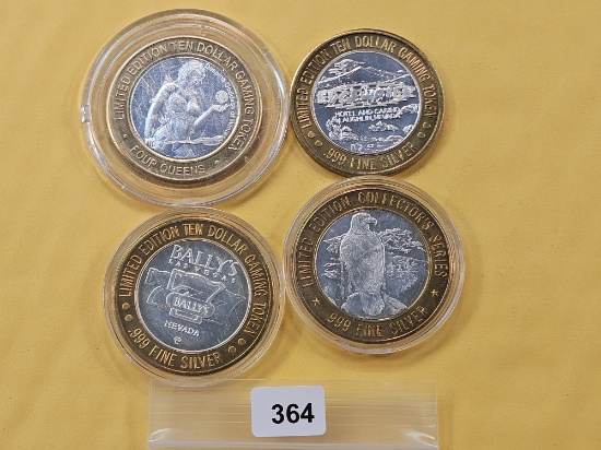 Four Mixed Ten Dollar .999 Fine Silver center Casino Gaming Tokens