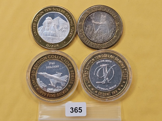 Four Mixed Ten Dollar .999 Fine Silver center Casino Gaming Tokens