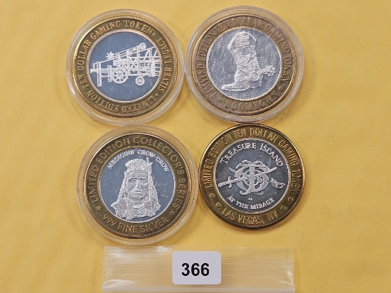 Four Mixed Ten Dollar .999 Fine Silver center Casino Gaming Tokens