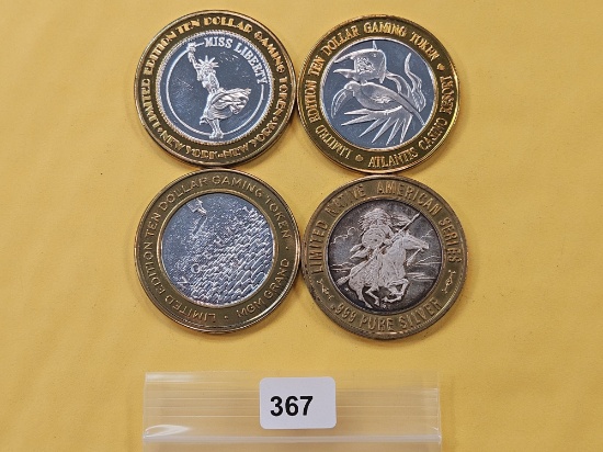 Four Mixed Ten Dollar .999 Fine Silver center Casino Gaming Tokens