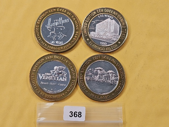 Four Mixed Ten Dollar .999 Fine Silver center Casino Gaming Tokens
