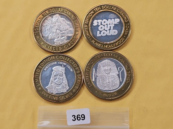 Four Mixed Ten Dollar .999 Fine Silver center Casino Gaming Tokens