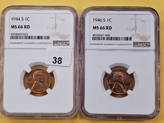 Two NGC Graded Wheat Cents in Mint State 66 Red