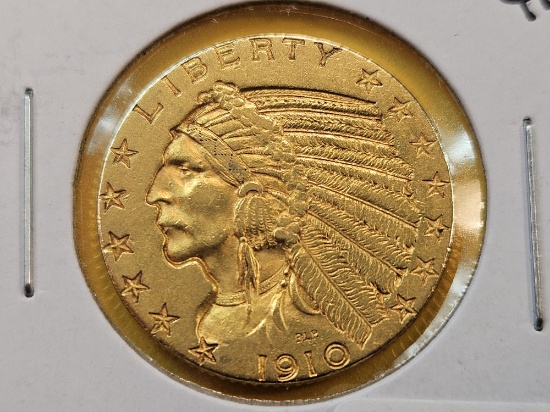 GOLD! Choice Brilliant AU-BU 1910 Indian Head Five Dollar Gold