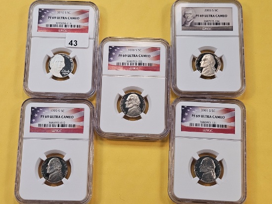 Five NGC Graded Jefferson Nickels in Proof 69 Ultra Caneo