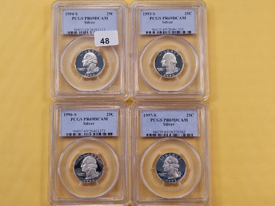 Four PCGS Graded Washington Silver Quarters in Proof 69