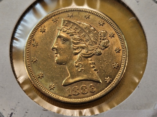 GOLD! Brilliant Uncirculated Plus 1886-S Liberty Head Five Dollar Gold
