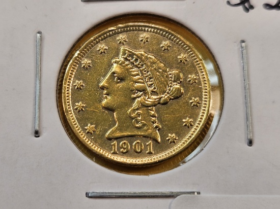 GOLD! Brilliant About Uncirculated - details 1901 Liberty Head $2.5 Dollar Gold