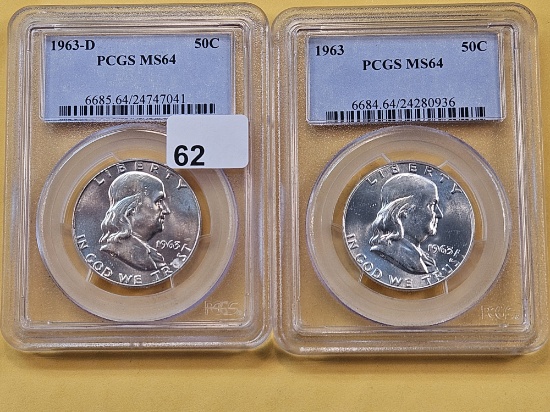 Two PCGS Graded Franklin Silver Half Dollars in Mint State 64