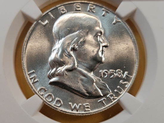 NGC 1958-D Franklin Silver Half Dollar in Mint State 64 FBL